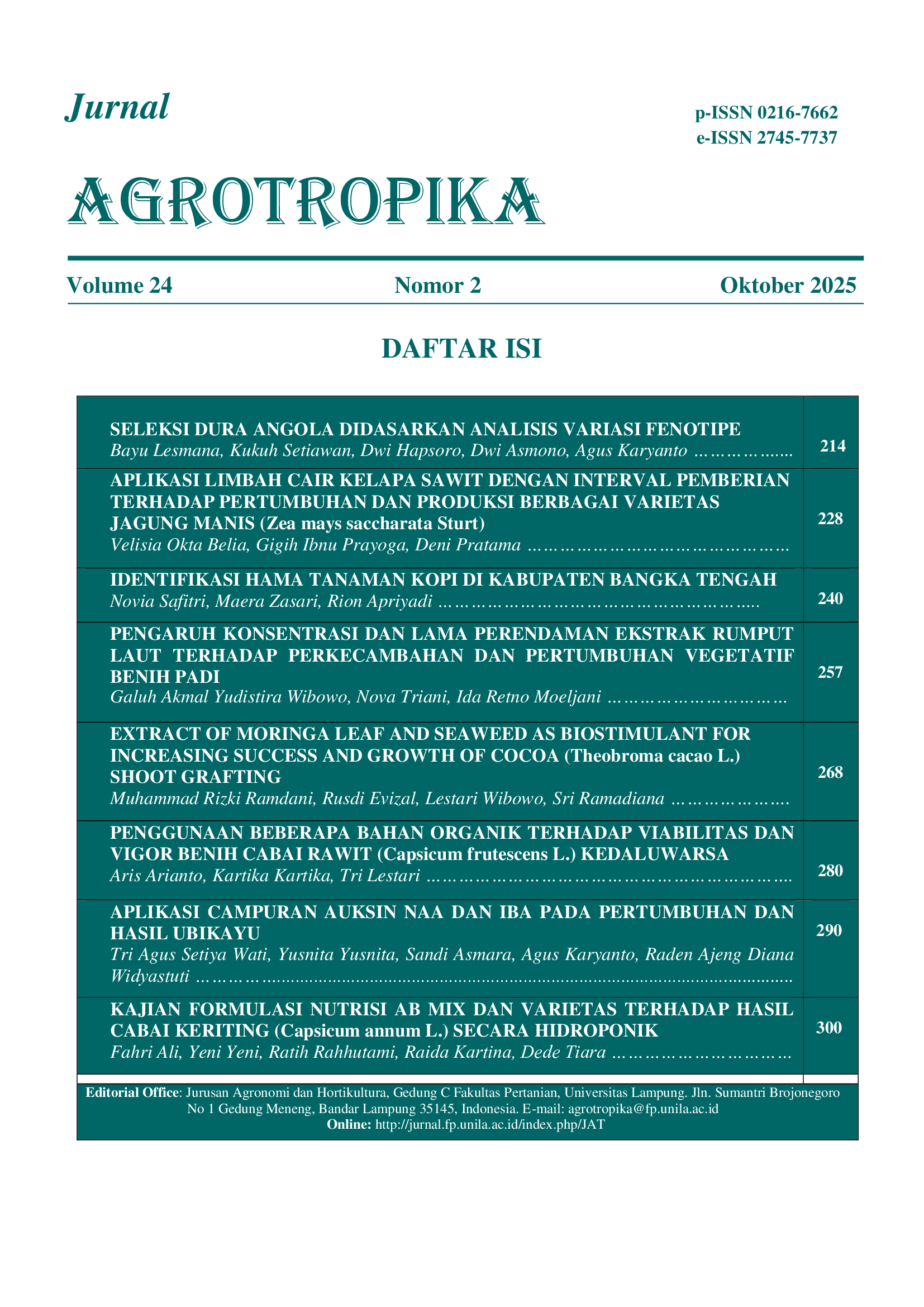 					View Vol. 24 No. 2 (2025): Jurnal Agrotropika Vol 24 No 2, Oktober 2025
				